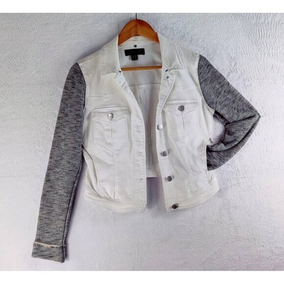 Jean Jacket by Tinseltown Denim Couture White Gray Sleeves Distressed High-Low S - Picture 1 of 10